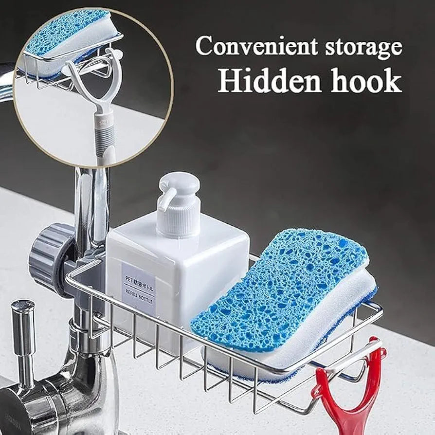 Rustproof Kitchen Sink Faucet Organizer Rack for Sponge & Soap