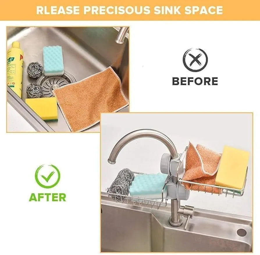 Rustproof Kitchen Sink Faucet Organizer Rack for Sponge & Soap